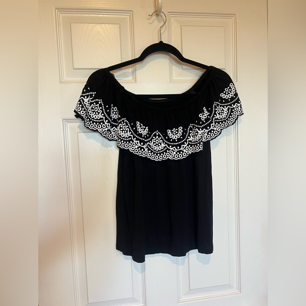 Black and White Smocked Off the Shoulder or Above Shoulder Short Sleeve Blouse